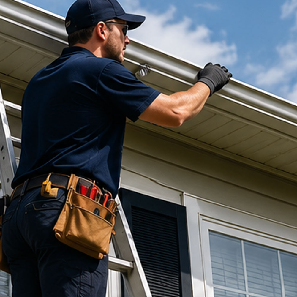 tech on ladder inspecting gutter